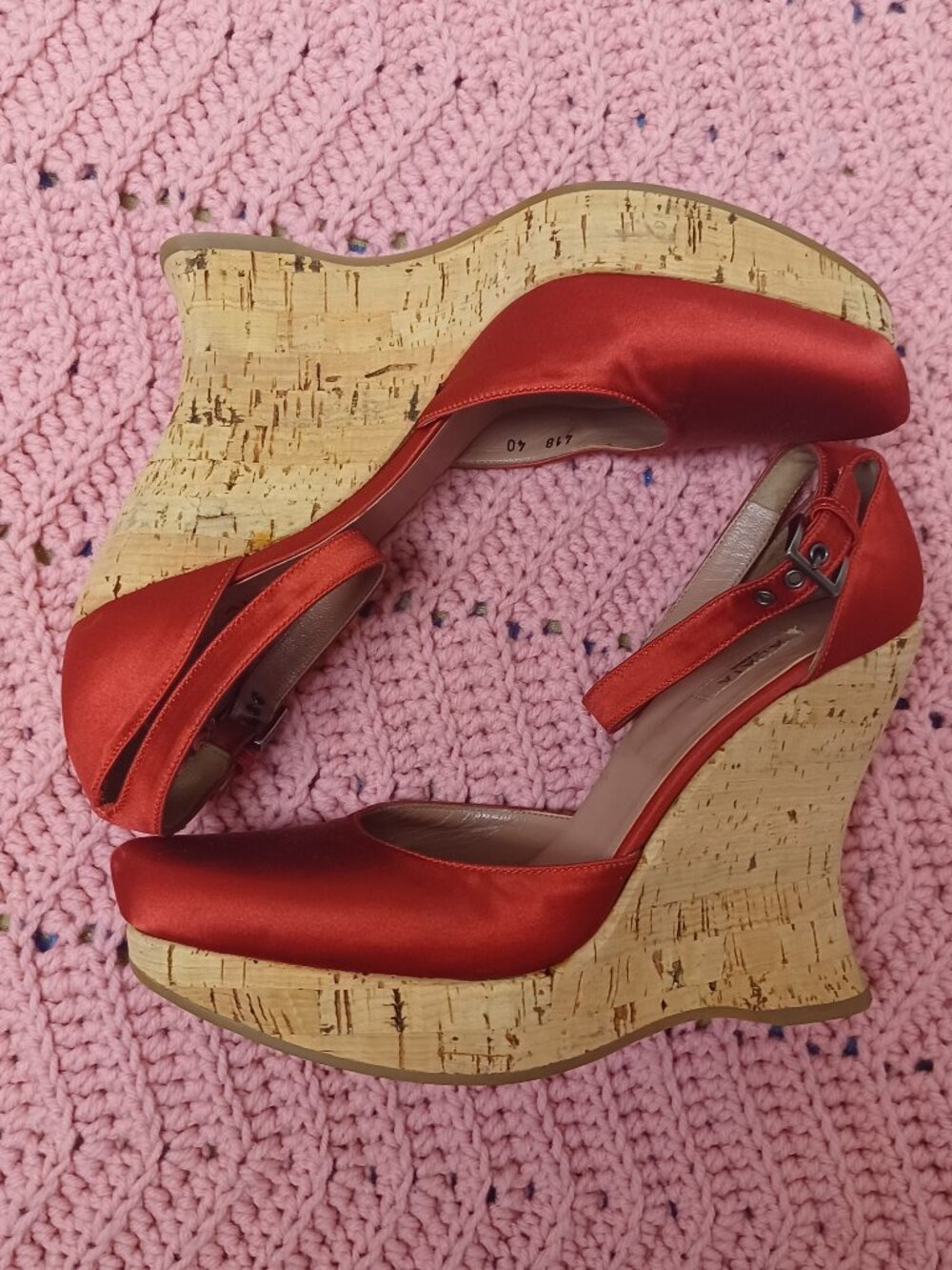 *Rare* Alaia Paris Dark Red Satin And Cork Structural Wedge Heels Size 40